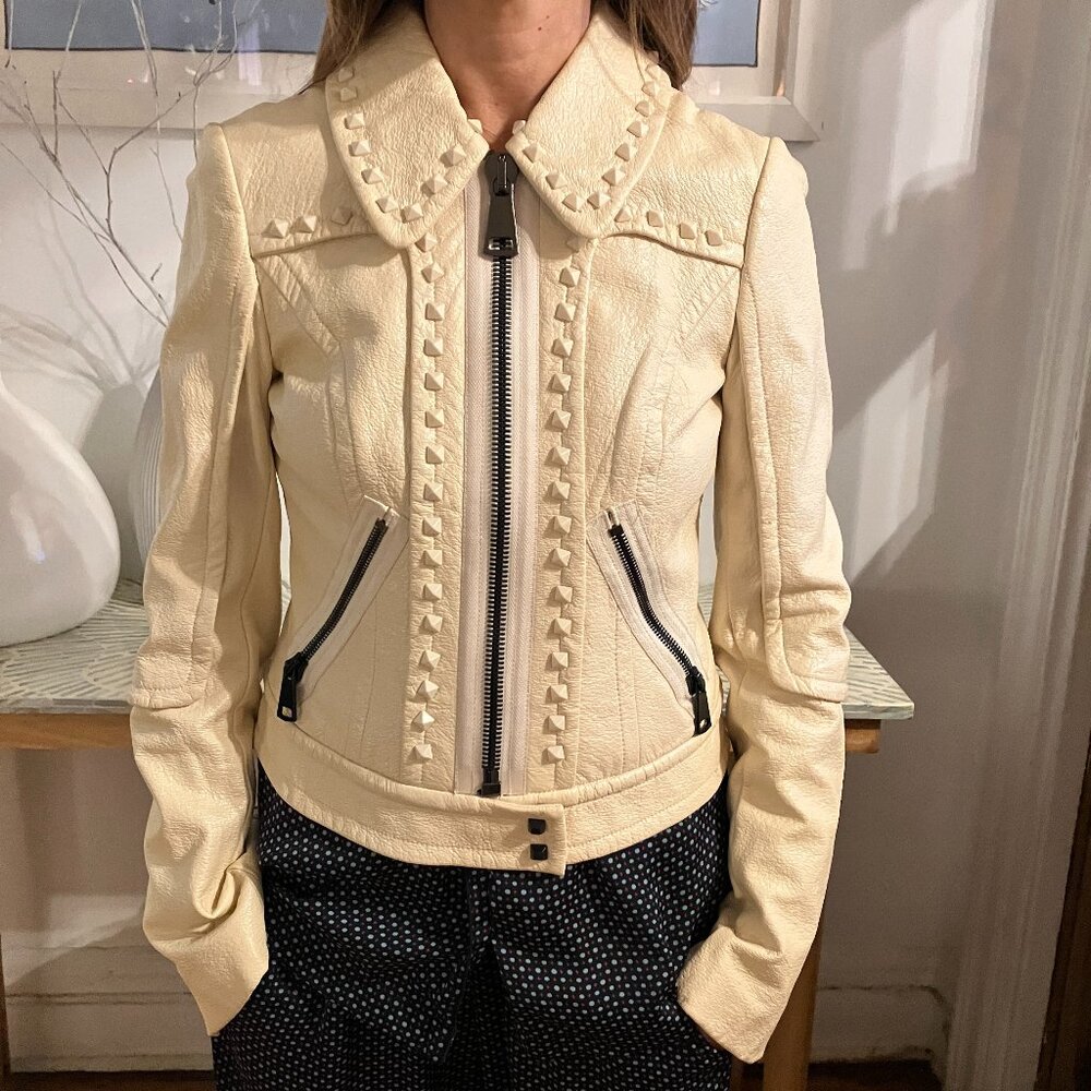 Tracey Reese Maxwell - Moto Studded Crinkled Faux Leather Ivory Jacket- Size XS
